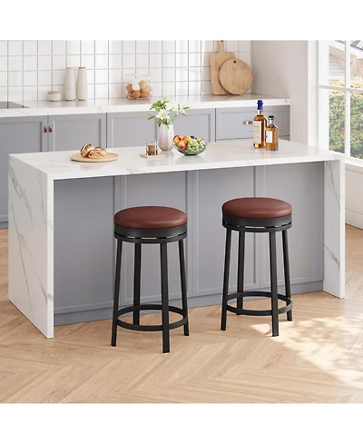 homfan Set of 2 Modern Adjustable Bar Stools, Round Faux Leather Seat, 360degree (s) Swivel, Metal Frame Footrest, 127kg Capacity for Kitchen Dining