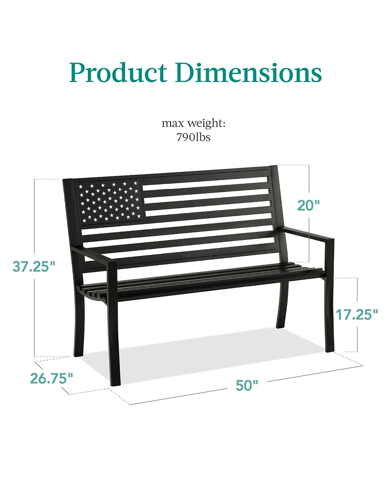Best Choice Products Indoor Outdoor Steel Garden Bench American Flag Backrest, 790lb Capacity