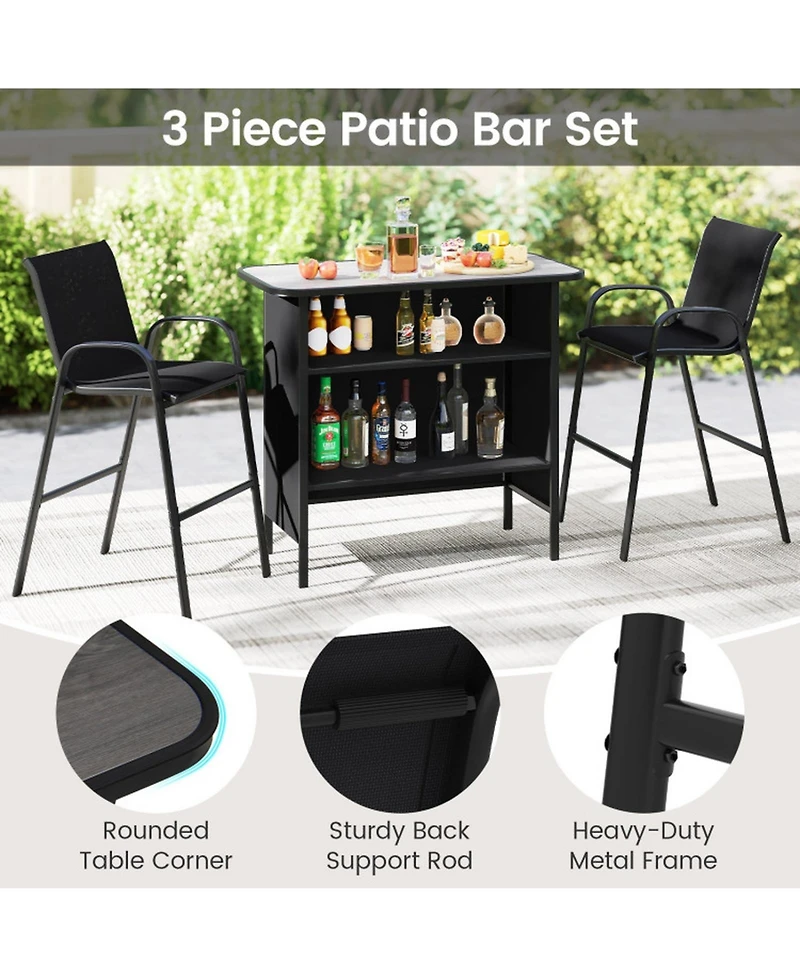 Sugift 3-Piece Outdoor Bar Set with Footrest and 2-Tier Storage Shelf