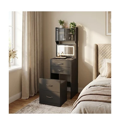 Gaomon 3-in-1 Vanity Desk with 3-Color Led Mirror and Hidden Chair - Small Makeup Table 2 Ac Outlets, Acrylic Doors Jewelry Box
