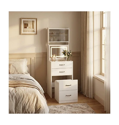 Gaomon 3-in-1 Vanity Desk with 3-Color Led Mirror and Hidden Chair - Small Makeup Table 2 Ac Outlets, Acrylic Doors Jewelry Box