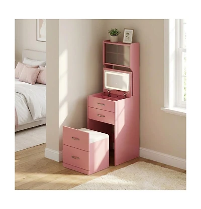 Gaomon 3-in-1 Vanity Desk with 3-Color Led Mirror and Hidden Chair - Small Makeup Table 2 Ac Outlets, Acrylic Doors Jewelry Box