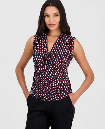 Anne Klein Women's Printed Faux-Wrap Sleeveless Top