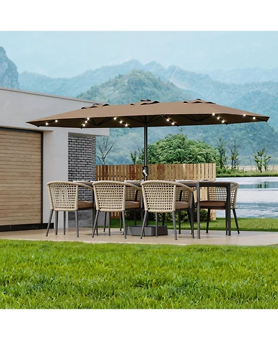 homfan 15FT Double-Sided Patio Umbrella with Solar Led Lights and Base, Uv Waterproof Canopy, 12 Ribs, Double-Layer Fabric, Heavy Frame