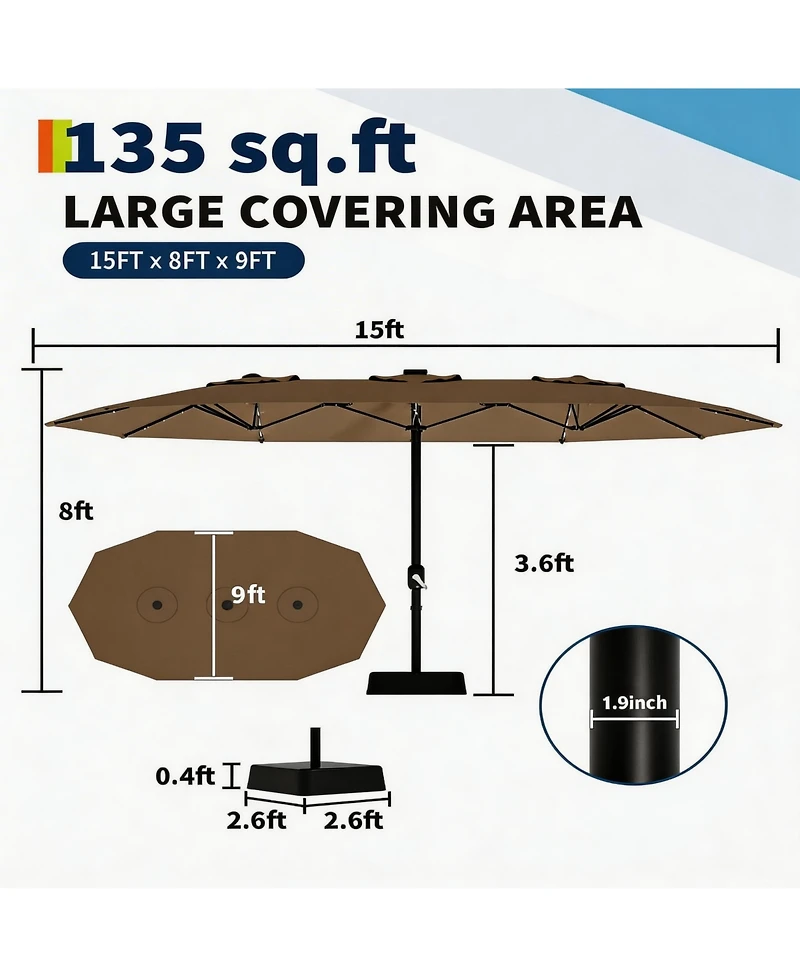 homfan 15FT Double-Sided Patio Umbrella with Solar Led Lights and Base, Uv Waterproof Canopy, 12 Ribs, Double-Layer Fabric, Heavy Frame