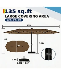 homfan 15FT Double-Sided Patio Umbrella with Solar Led Lights and Base, Uv Waterproof Canopy, 12 Ribs, Double-Layer Fabric, Heavy Frame