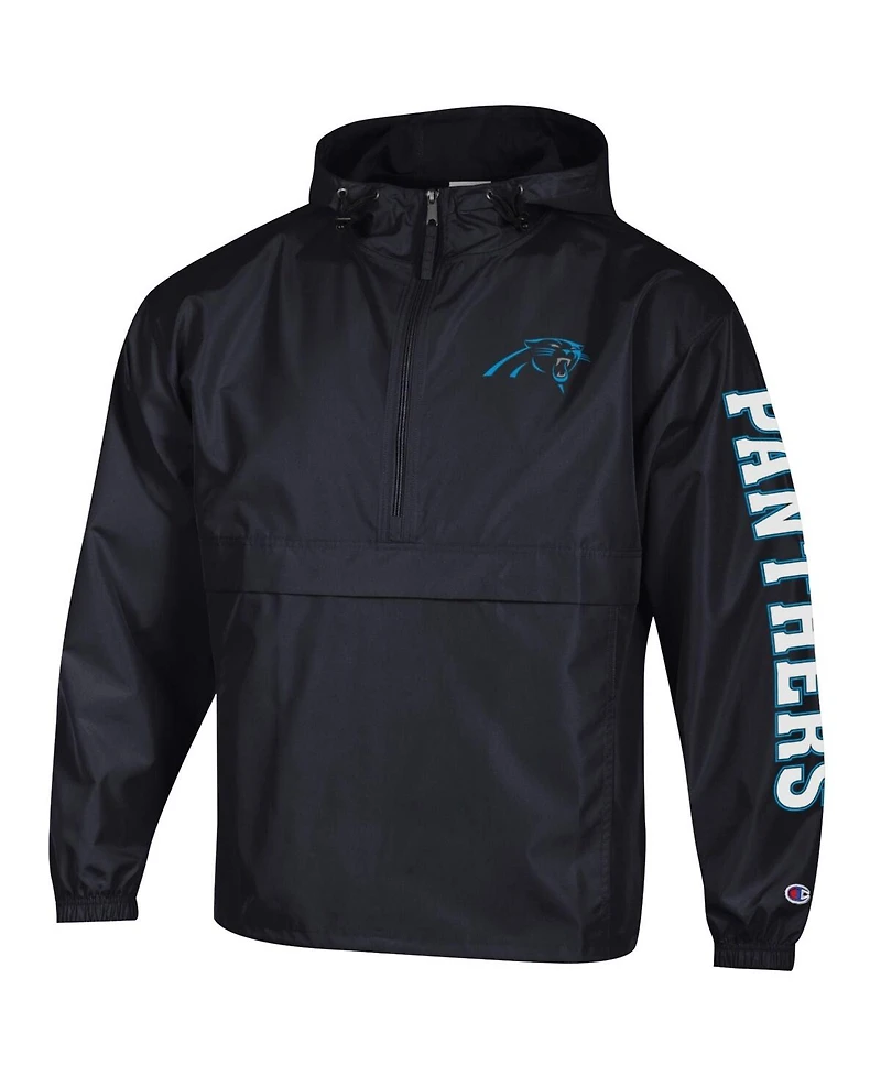 Champion Men's Black Carolina Panthers Packable Hooded Windbreaker Half-Zip Jacket