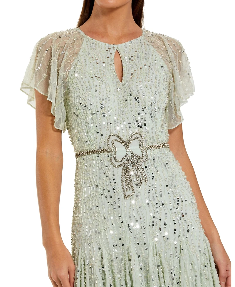 Mac Duggal Women's Enbellished Bow Flutter Sleeve A Line Midi Dress