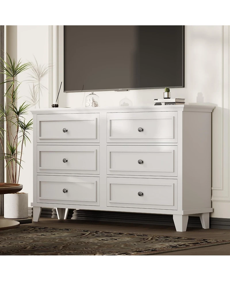 homfan Modern 6 Drawer Wide Wooden Dresser - Large Storage Chest with Exquisite Metal Handles