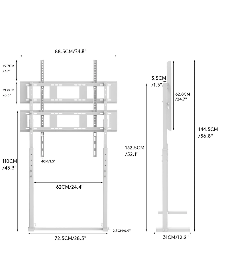 Unho No Drill Tv Stand, 3-Level Height Adjustable, Stable Bottom Bar, Easy Install, Wall-Leaning