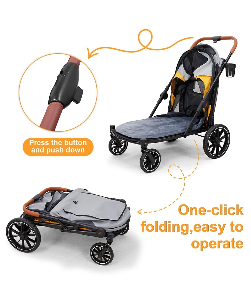 Bingopaw 92 Lbs Capacity Heavy Duty Dog Stroller, Dual Entry, Panoramic Window, All-Terrain Eva Wheels, One-Click Folding, Brake