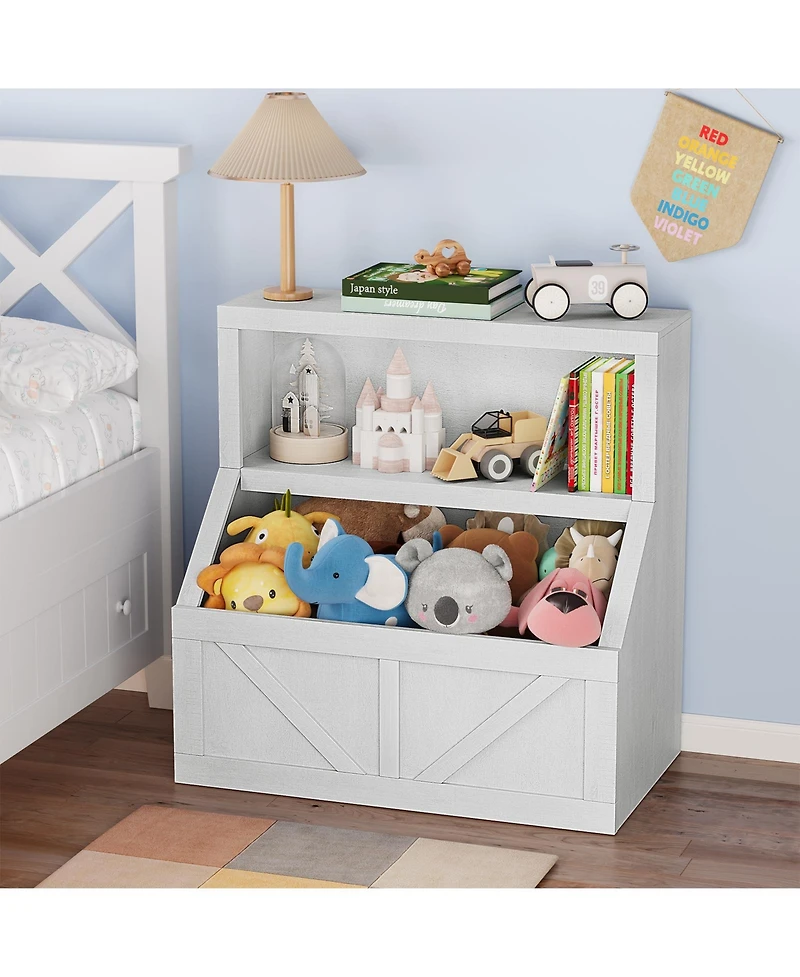 homfan Kids Bookshelf and Toy Storage, 2 Tier Toy Organizer with Storage Cabinet, Toddler 2 Shelf Bookcase for Playroom, Living Room, Classroom