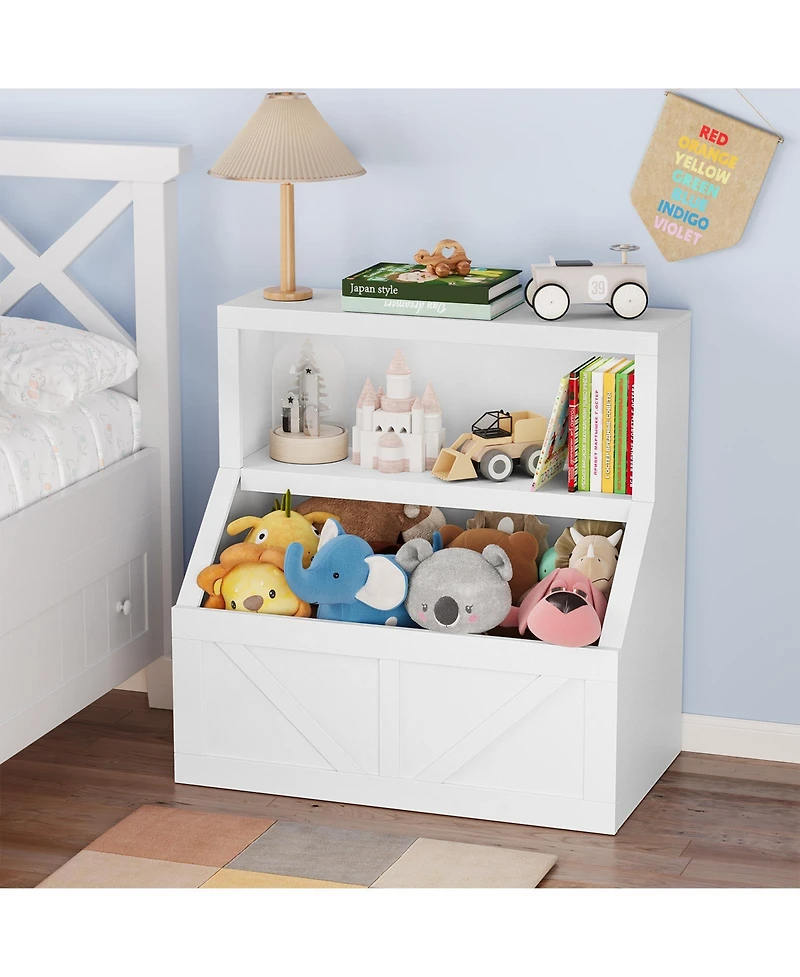 homfan Kids Bookshelf and Toy Storage, 2 Tier Toy Organizer with Storage Cabinet, Toddler 2 Shelf Bookcase for Playroom, Living Room, Classroom