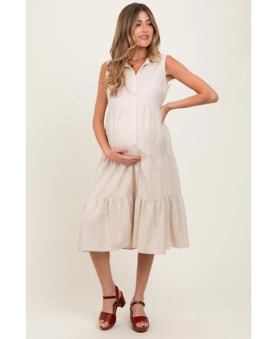 Pinkblush Maternity Cream Tiered Sleeveless Midi Shirt Dress
