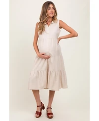 Pinkblush Maternity Cream Tiered Sleeveless Midi Shirt Dress
