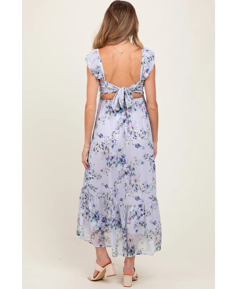 Pinkblush Maternity Lilac Floral Textured Open Back Tie Maxi Dress