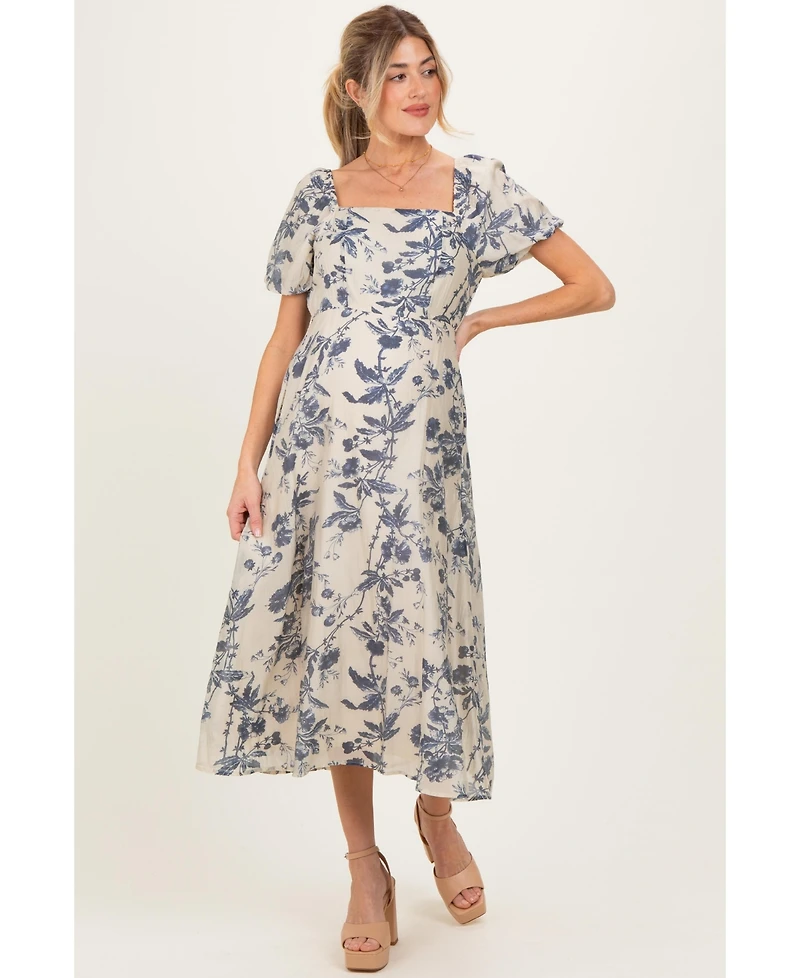 Pinkblush Maternity Navy Blue Floral Square Neck Puff Sleeve Midi Dress