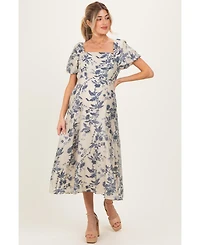 Pinkblush Maternity Navy Blue Floral Square Neck Puff Sleeve Midi Dress