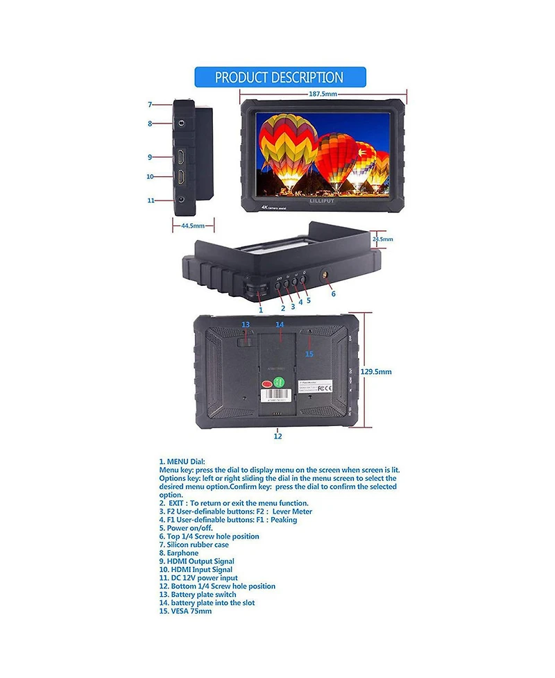 Lilliput A7S 7" Full Hd Hdmi Field Led Monitor with 4K Support and Built-In Speaker