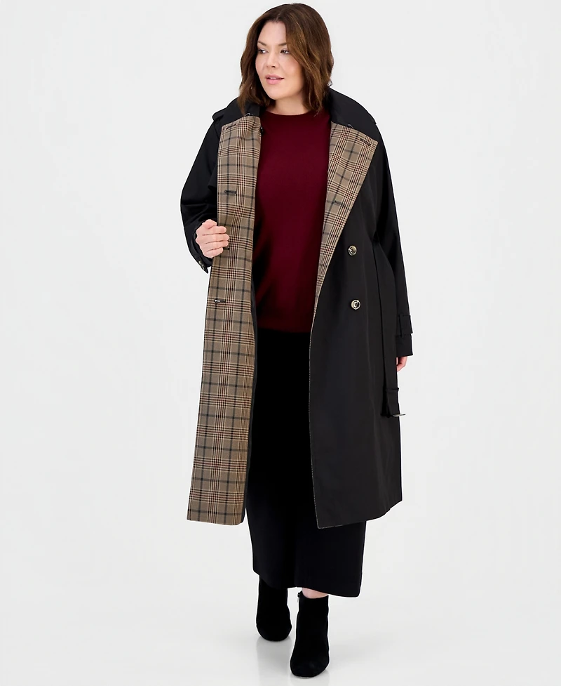 London Fog Plus Plaid Collar Belted Trench Coat, Created for Macy's