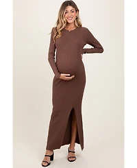 Pinkblush Maternity Mocha Ribbed Knit Long Sleeve Side Slit Maxi Dress