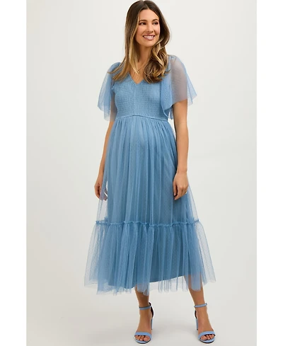 Pinkblush Maternity Dotted Tulle Smocked Midi Dress