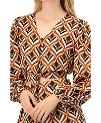Ivonne Women's V-Neck Geometric Print Blouse with Bottom Tie