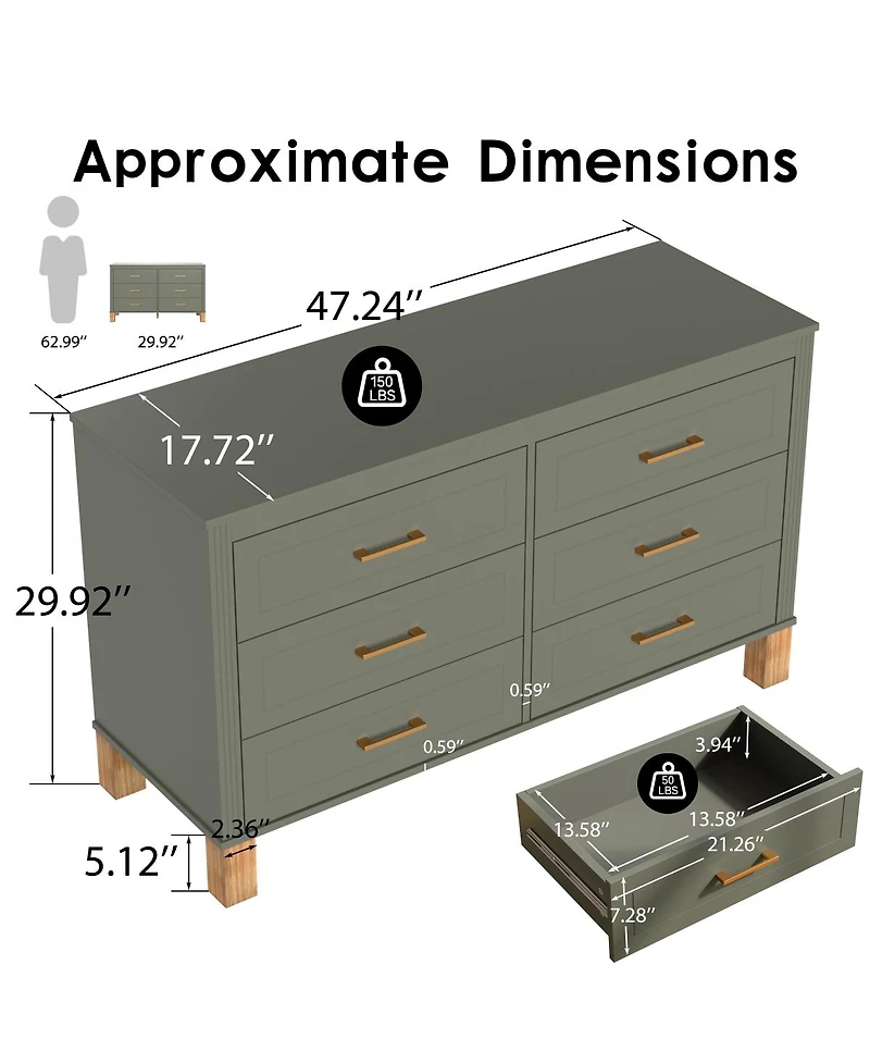 Streamdale Furniture 6-Drawer Double Dresser with Metal Handles