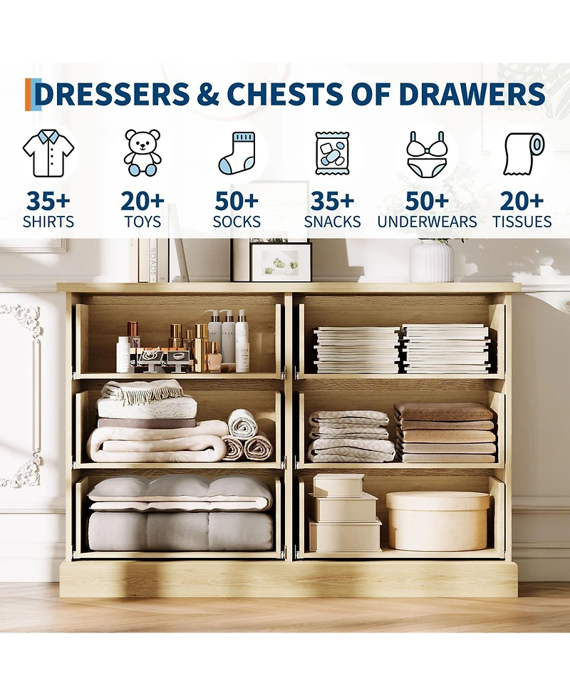 gaomon 6 Drawer Fluted Dresser Wide Modern Wood Storage Chest with Metal Handles for Bedroom Apartment
