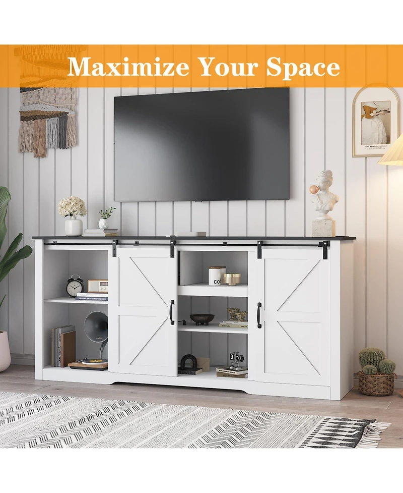 gaomon 70" Farmhouse Tv Stand for TVs up to 80", Entertainment Center with Sliding Barn Doors, Shelves and Charging Ports