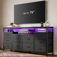 gaomon 63" Tv Stand Dresser with 10 Fabric Drawers for 65-75" TVs, Entertainment Center Led Lights and Power Outlets