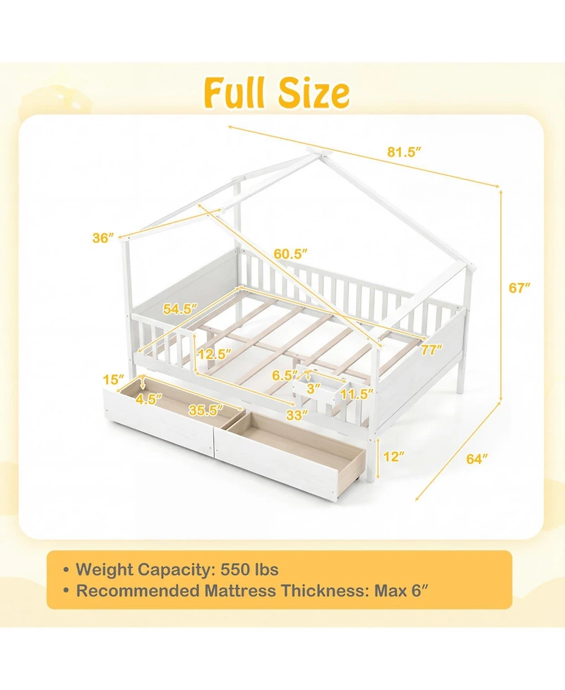 Slickblue Kids Full House Bed Frame with Roof and Safety Rails
