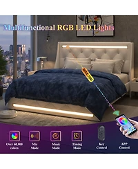Lucky One Bed Frame with Led Lights, Upholstered Bed Frame with Charging Station