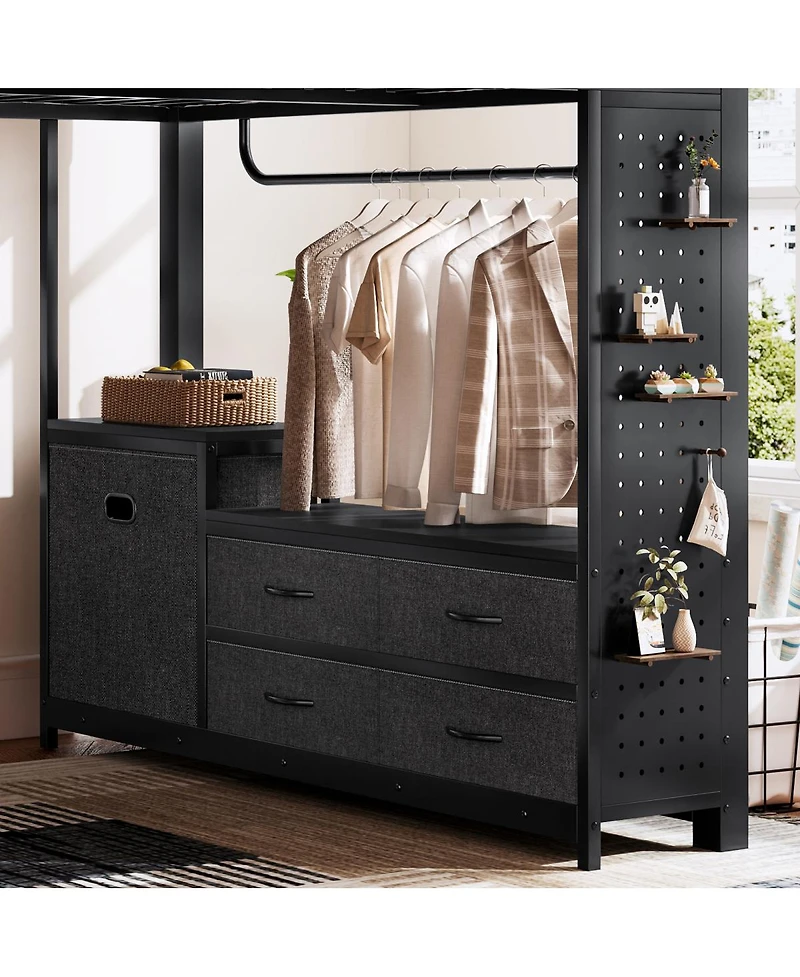 Streamdale Furniture Queen Loft Bed w/ Desk, Shelves, Pegboard, Laundry Bag