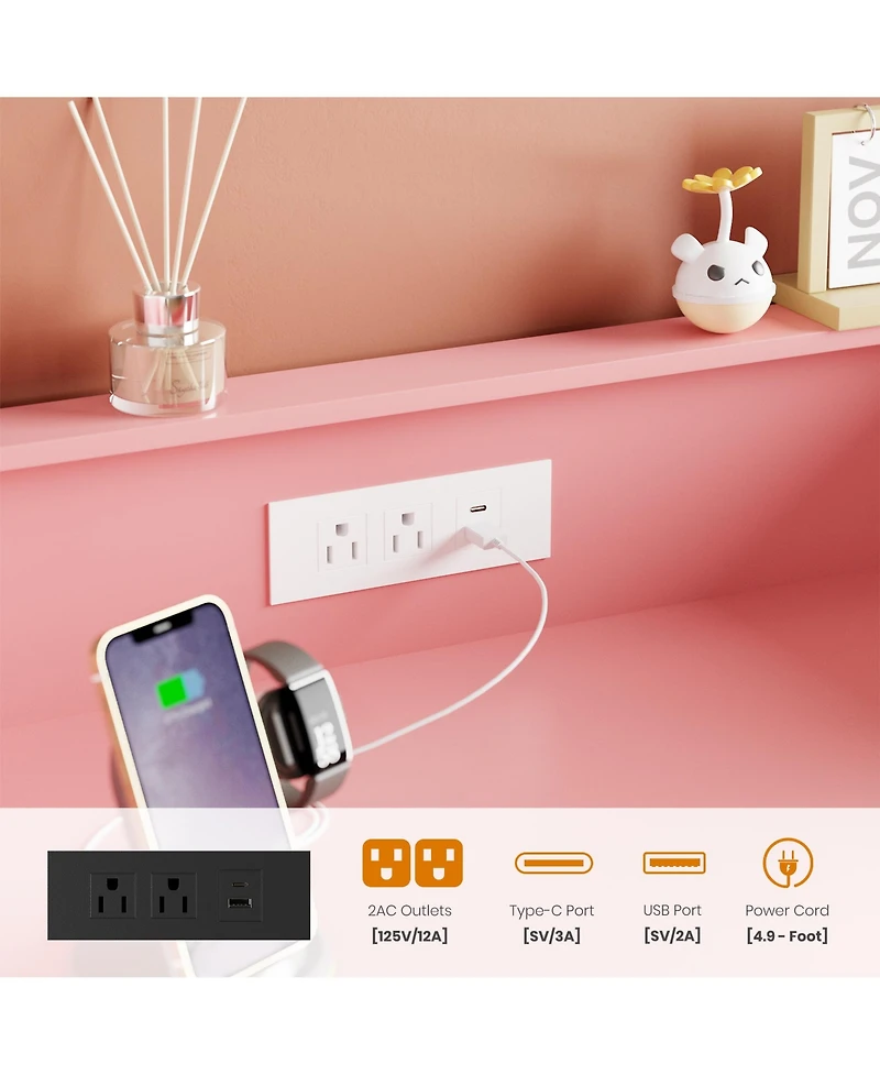 gaomon 5-Drawer Wooden Dresser with Led Lights and Power Outlet, Modern Closet Storage Cabinet for Bedroom, Living Room