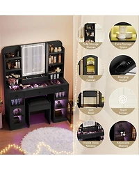 Streamdale Furniture 43.2 inches Vanity Desk with Led Mirror, Rgb Lights, Storage and Stool