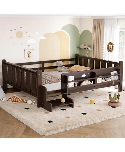 Streamdale Furniture Wood Floor Bed w/ Storage, Stairs and Rails