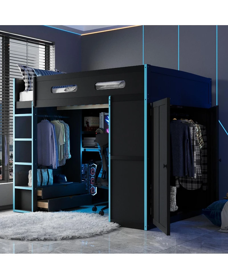 Streamdale Furniture Wood Loft Bed w/Desk, Wardrobe, Storage