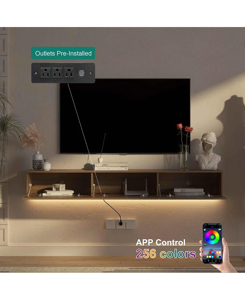 Streamdale Furniture Floating Tv Stand Wall Mounted with 16 Color LEDs for 65 Inch Tv