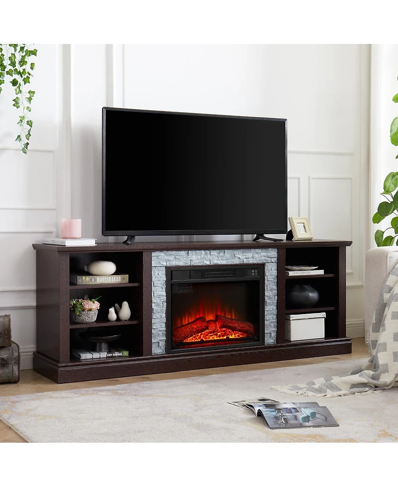 Streamdale Furniture Large Tv Desk Storage Rack with Faux Stacked Stone Surround, Media Console Table