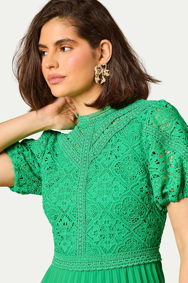 Oasis Women's Lace Puff Sleeve Pleated Midi Dress