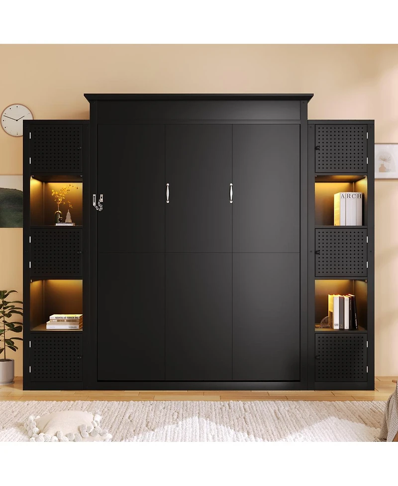 Streamdale Furniture Murphy Bed with Led Lights and Storage Shelves