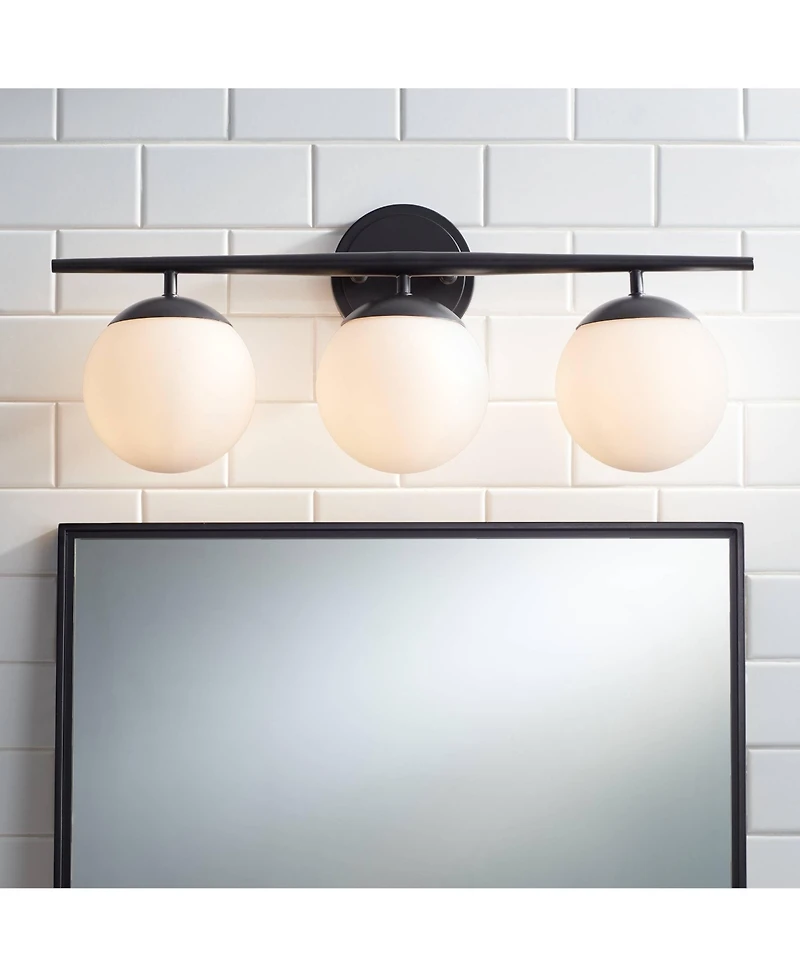 Possini Euro Design Meridian Modern Wall Light Black Hardwire 24" 3-Light Fixture Opal Glass Globe Shade for Bedroom Living Room