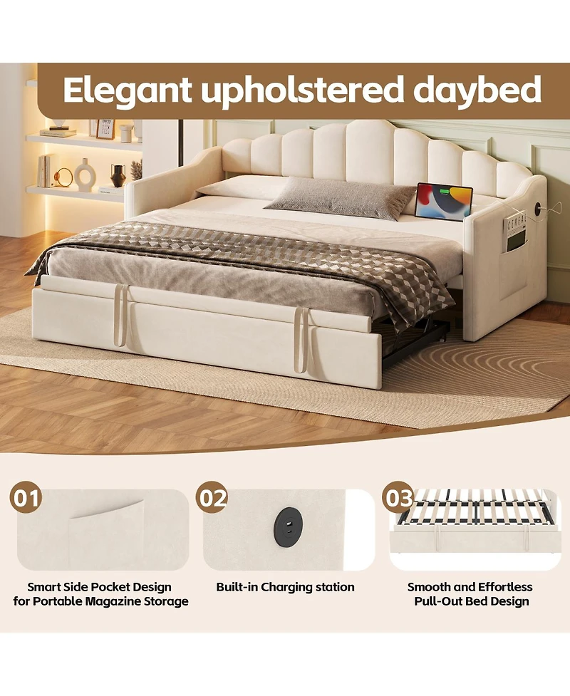 Streamdale Furniture Daybed with Pop-Up Trundle and Charging Ports