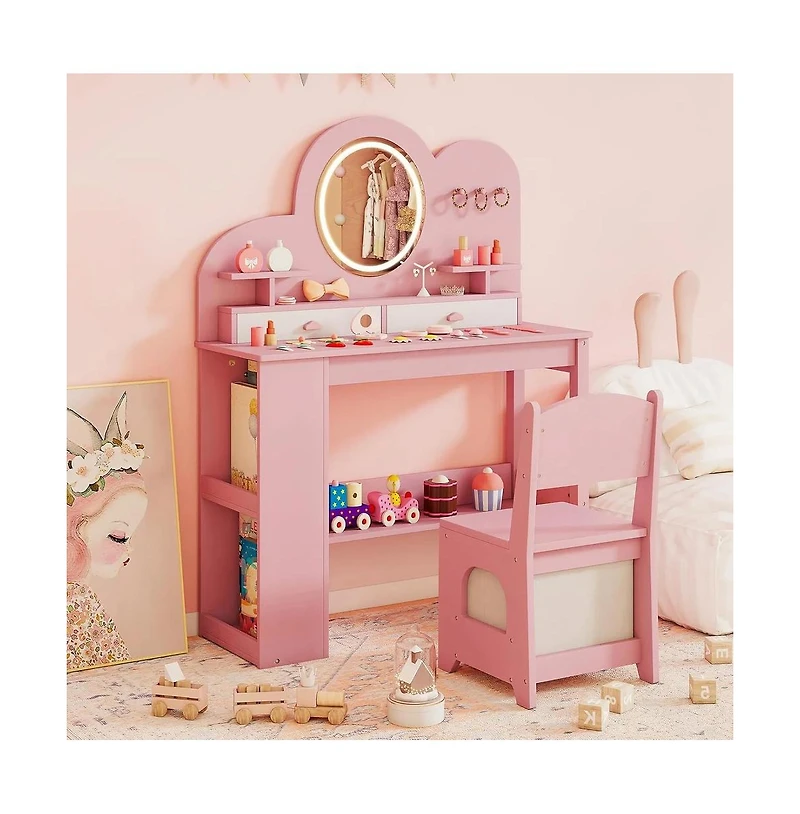 Slickblue Kids Vanity Set with Chair, Lights, 2 Drawers and 2-Tier Bookshelf