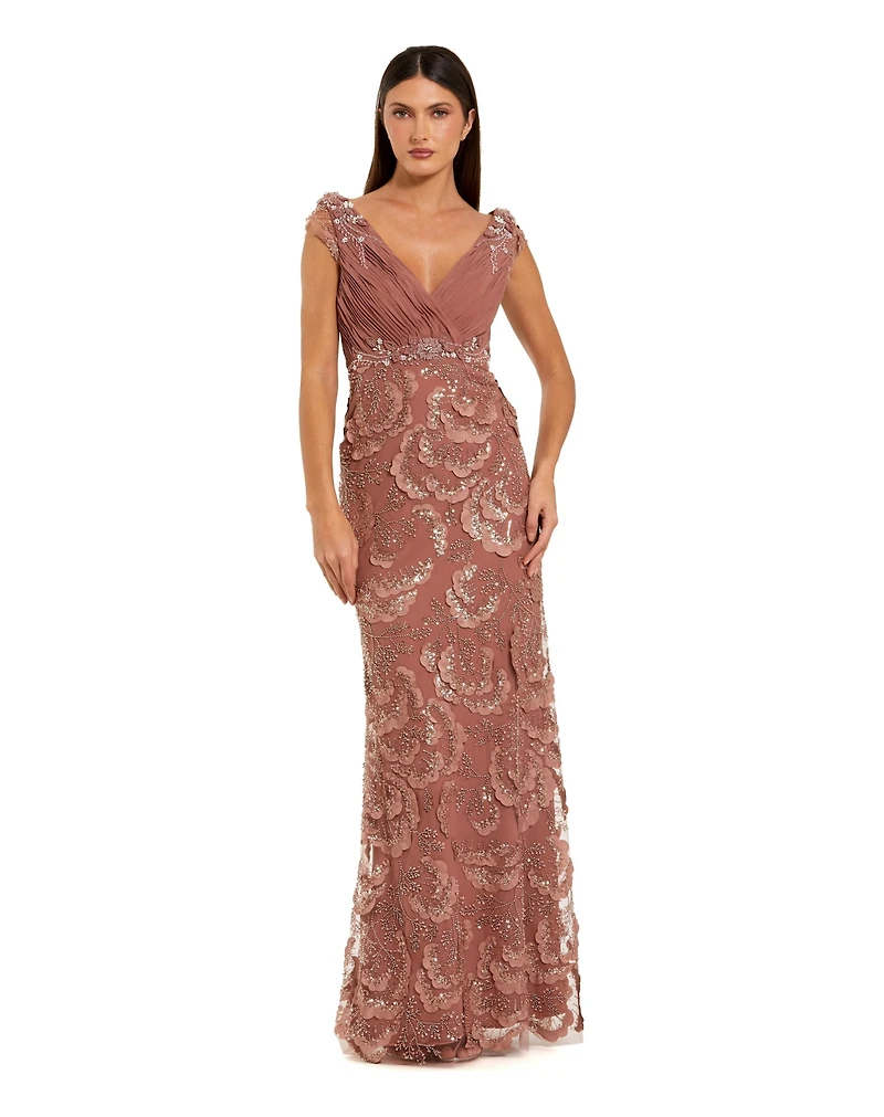Mac Duggal Petite Floral Beaded Chiffon V-Neck Evening Gown