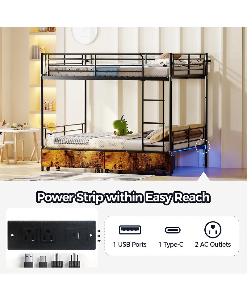 Streamdale Furniture Metal Split Bunk Bed w/ Usb, Storage, Guardrail, Ladder