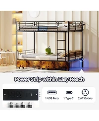 Streamdale Furniture Metal Split Bunk Bed w/ Usb, Storage, Guardrail, Ladder