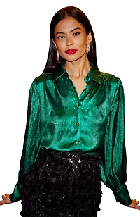 Yumi Women's Metallic Relaxed Balloon Sleeve Shirt