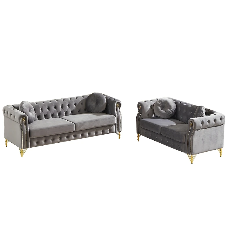 Streamdale Furniture Velvet Chesterfield Sofa with Copper Studs & Tufted Buttons, Metal Legs
